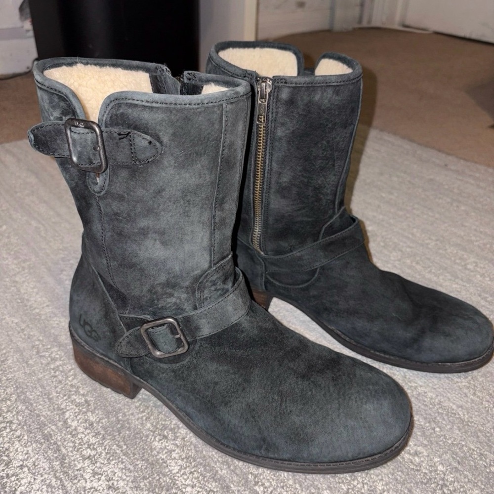 UGG Chaney Black Boots Lined Buckles Moto Water Resistant WM Size 11
